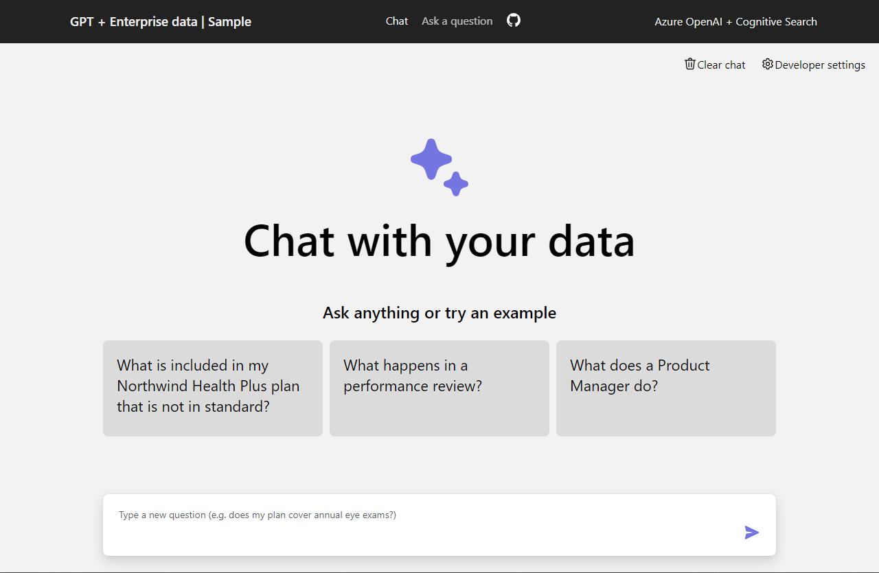 Снимок экрана: приложение чата в браузере с несколькими предложениями для ввода чата и текстового поля чата для ввода вопроса.