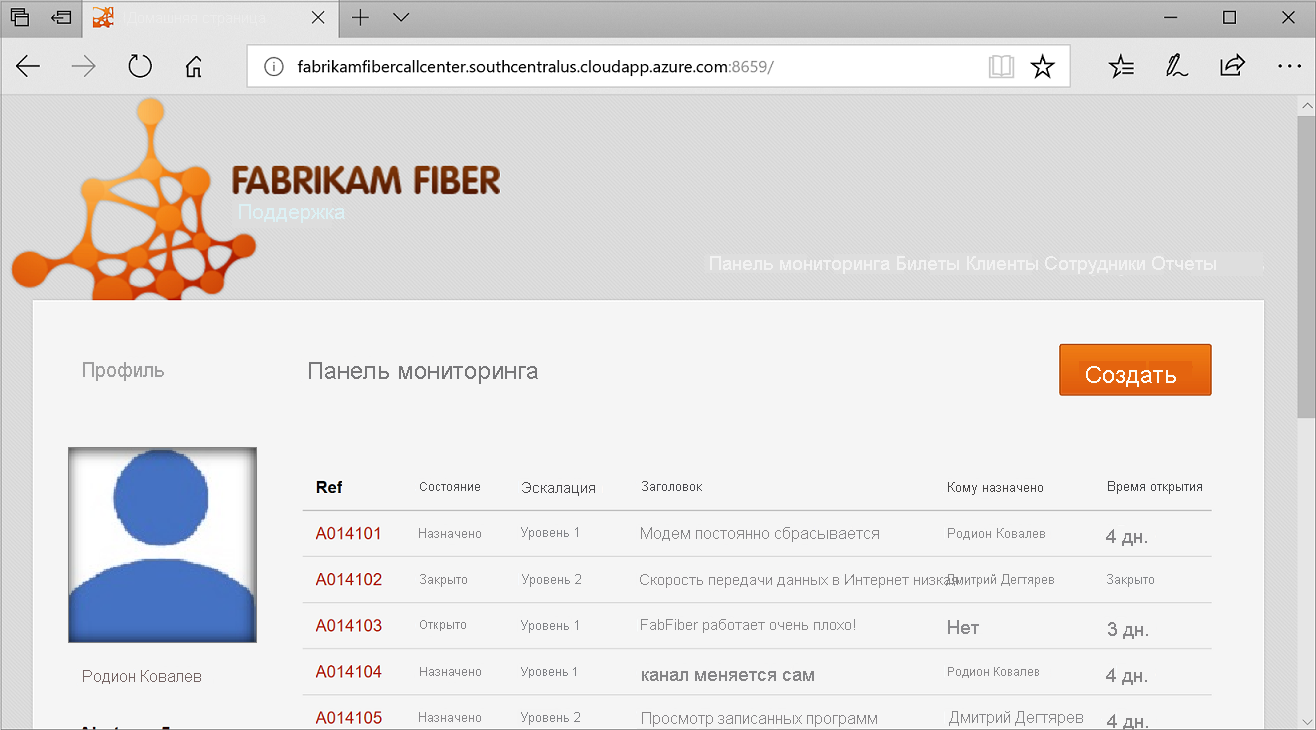 Снимок экрана: домашняя страница приложения Fabrikam Fiber CallCenter, работающего на azure.com. На странице отображается панель мониторинга со списком обращений в службу поддержки.