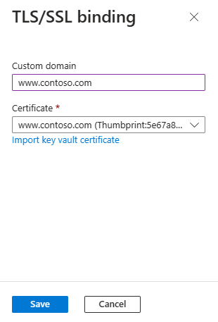 Снимок экрана: портал Azure, на котором показана область привязки TLS/SSL.