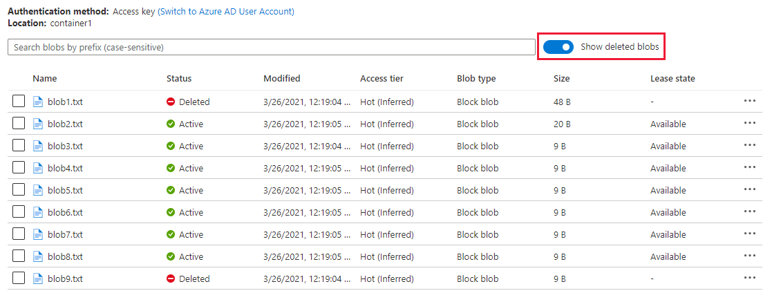 Снимок экрана, показывающий, как получить список обратимо удаленных BLOB-объектов на портале Azure