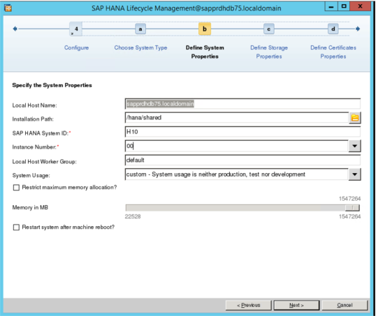 Снимок экрана: экран управления жизненным циклом SAP HANA с полями свойств системы, которые нужно определить.