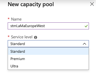 Screenshot that shows selections for creating a NetApp capacity pool.