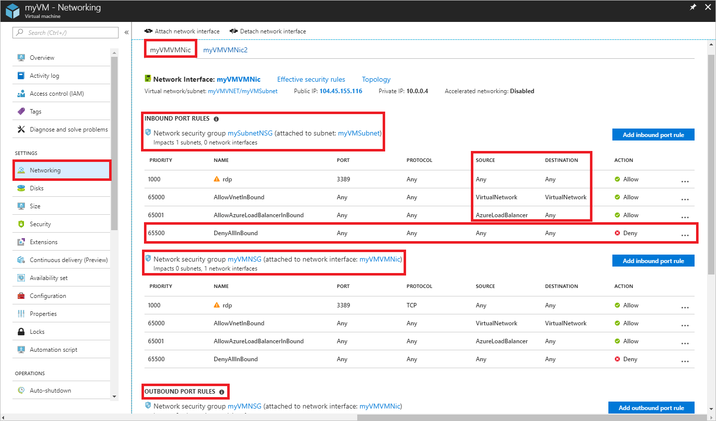 Screenshot shows the Azure portal with Networking settings for my V M V M Nic.