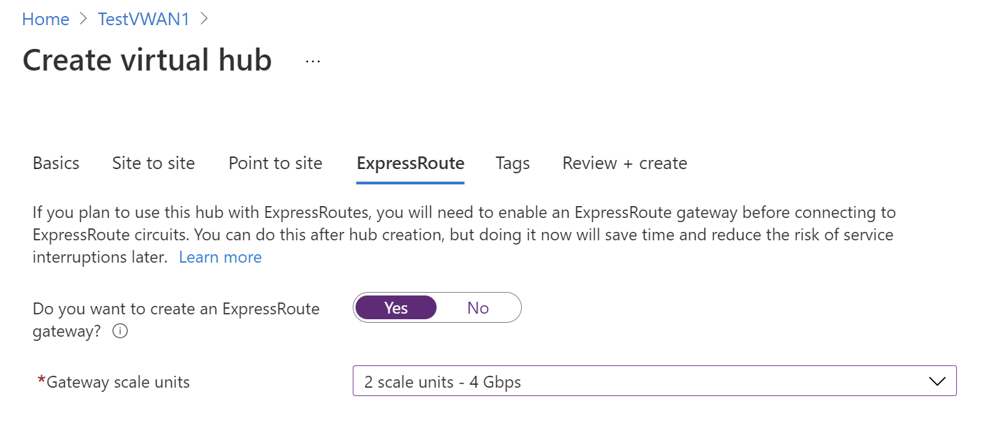 Снимок экрана: единицы масштабирования шлюза для ExpressRoute.