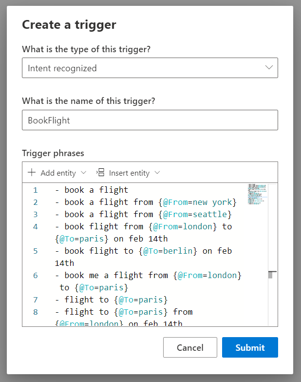 Create a BookFlight trigger with trigger phrases