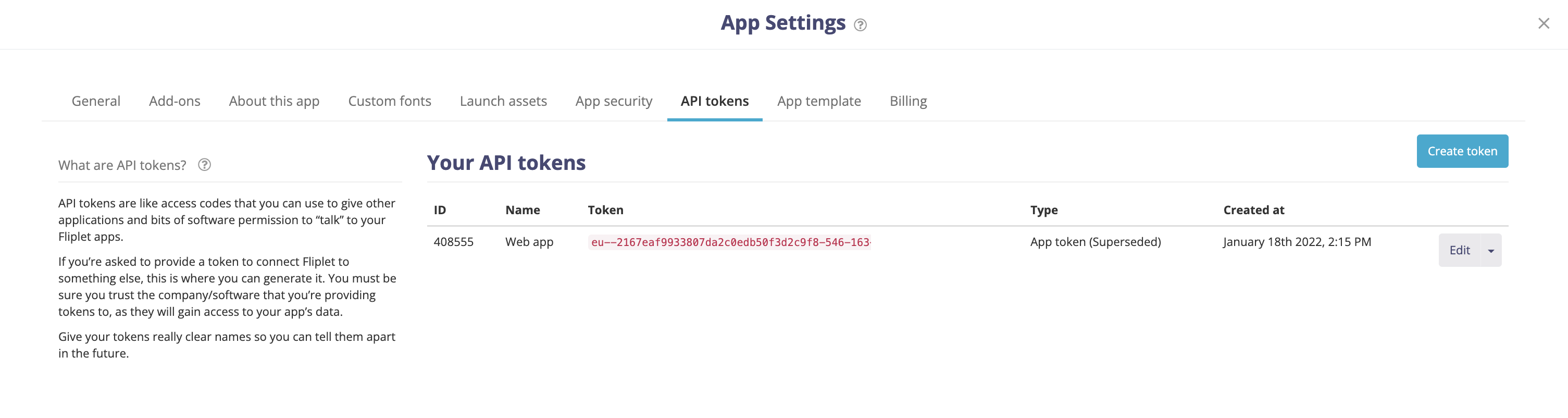UI Where the API token can be generated