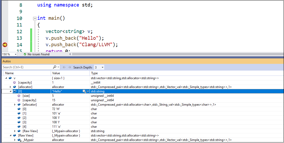 Снимок экрана: отладка примера приложения Visual Studio