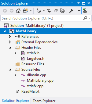 Screenshot of the Solution Explorer window, showing source files, header files, and resource files.