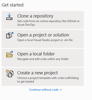 Снимок экрана: диалоговое окно начала работы с Visual Studio 2022.