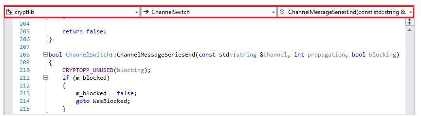 Снимок экрана: панель навигации над окном редактора. Отображается канал cryptlib > ChannelSwitch > ChannelMessageSeriesEnd().