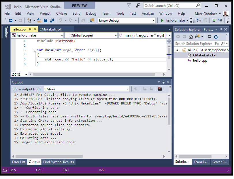 Снимок экрана Visual Studio, на котором показаны выходные данные при создании кэша CMake в Linux.