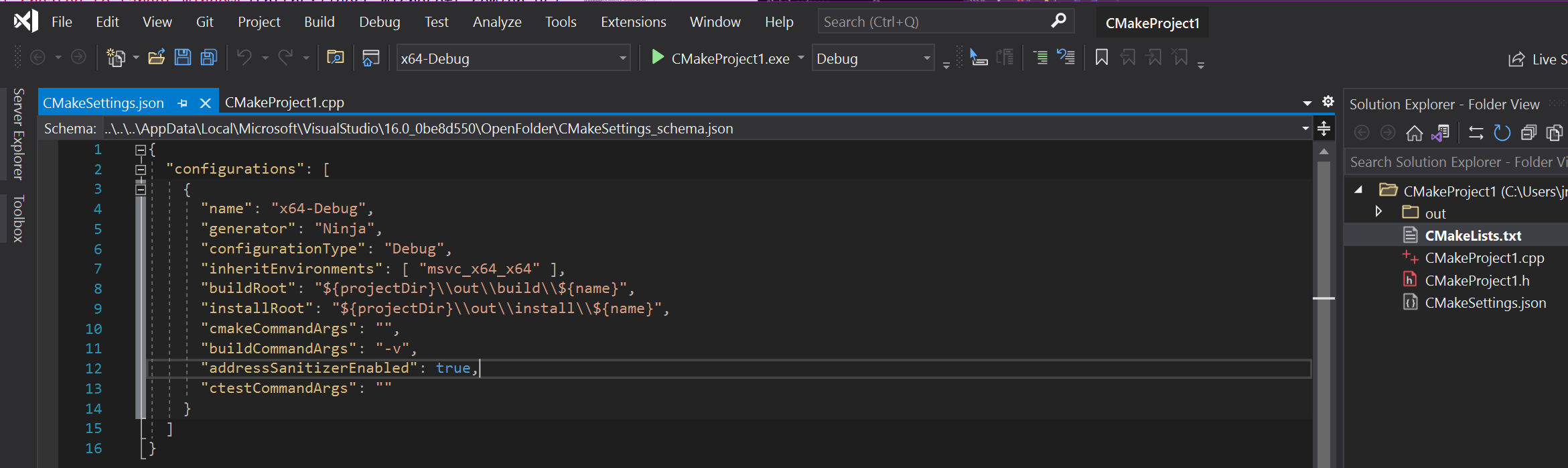 Screenshot of the text editor view of CMakeSettings.json.