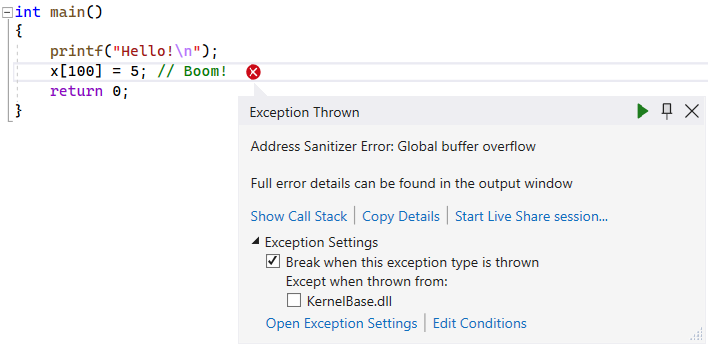Screenshot of the debugger showing a global buffer overflow error.