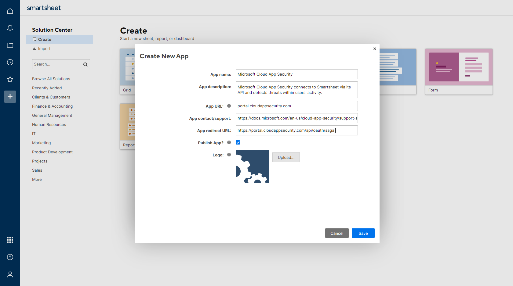 Screenshot that shows the Create New App dialog.