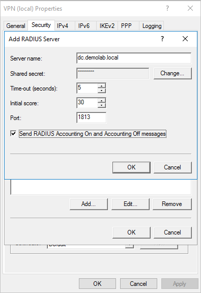 Screenshot of the Send RADIUS Account On and Accounting Off messages button.