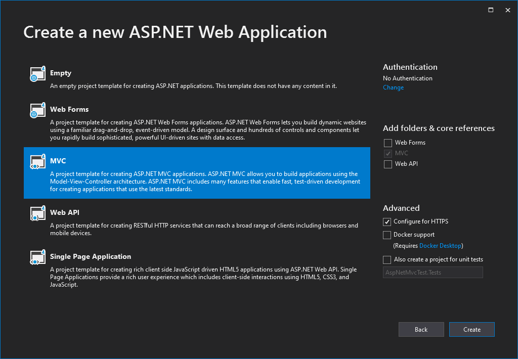 Create an ASP.NET MVC project in Visual Studio