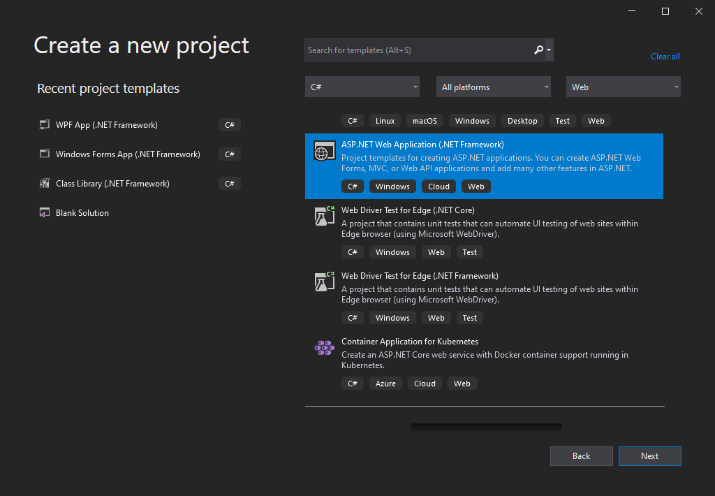 New ASP.NET Web Application project in Visual Studio