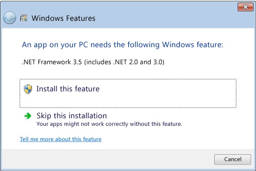 Диалоговое окно установки версии 3.5 в Windows 8
