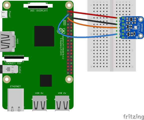 Схема Fritzing, демонстрирующая подключение от устройства Raspberry Pi к коммутационной плате BME280