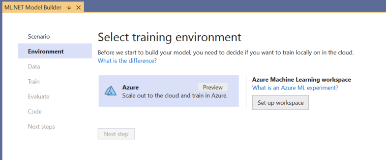 Azure training environment selection