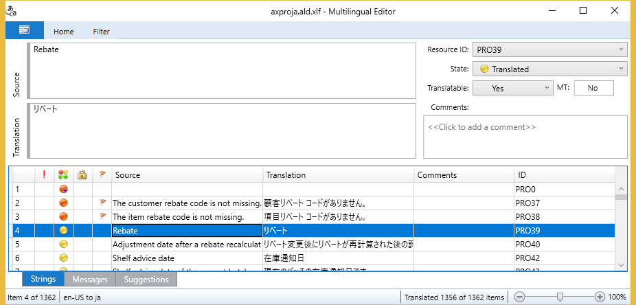 XLIFF translation unit in the Multilingual Editor.