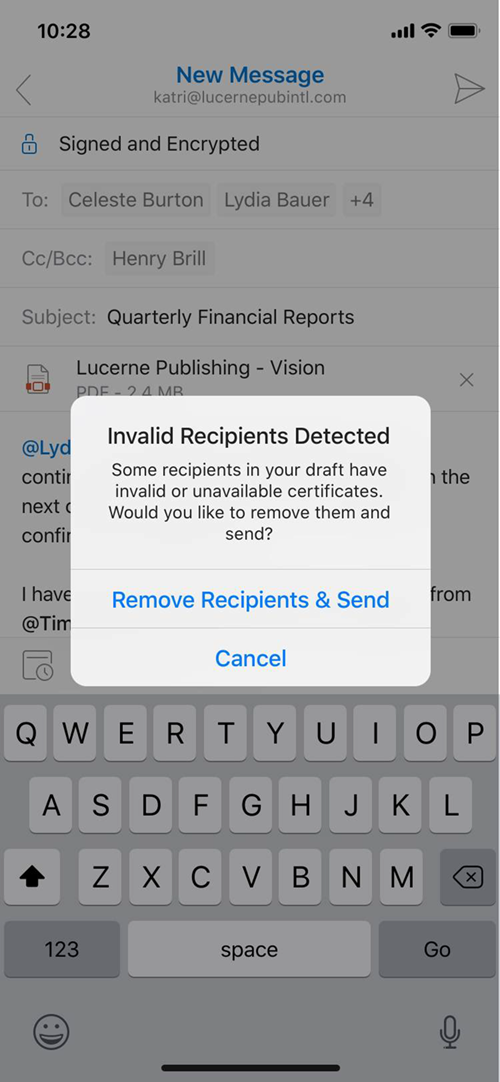 Снимок экрана: предупреждение Outlook для iOS о сертификатах получателей.