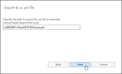 В мастере экспорта в PST-файл в Центре администрирования Exchange укажите целевой PST-файл.