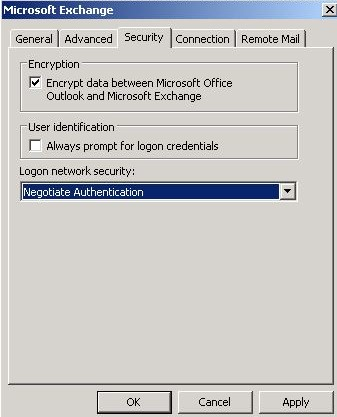 Снимок экрана с помощью шифрования данных между Microsoft Office Outlook и microsoft Exchange выбранными.