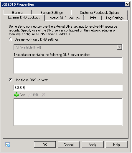 Снимок экрана: добавление IP-адреса общедоступных DNS-серверов в параметре Внешние запросы DNS.