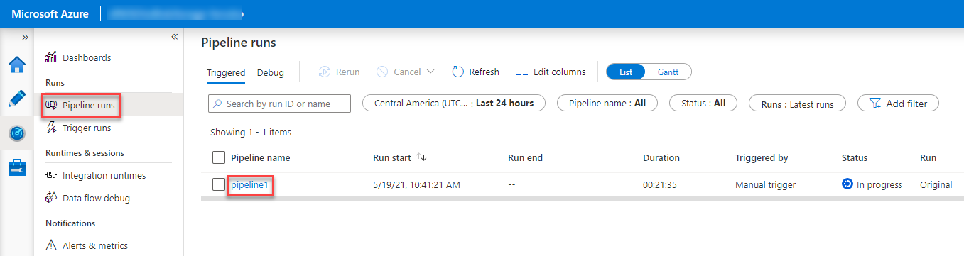 Снимок экрана: страница выполнения конвейера портал Azure с выделенным pipeline1.