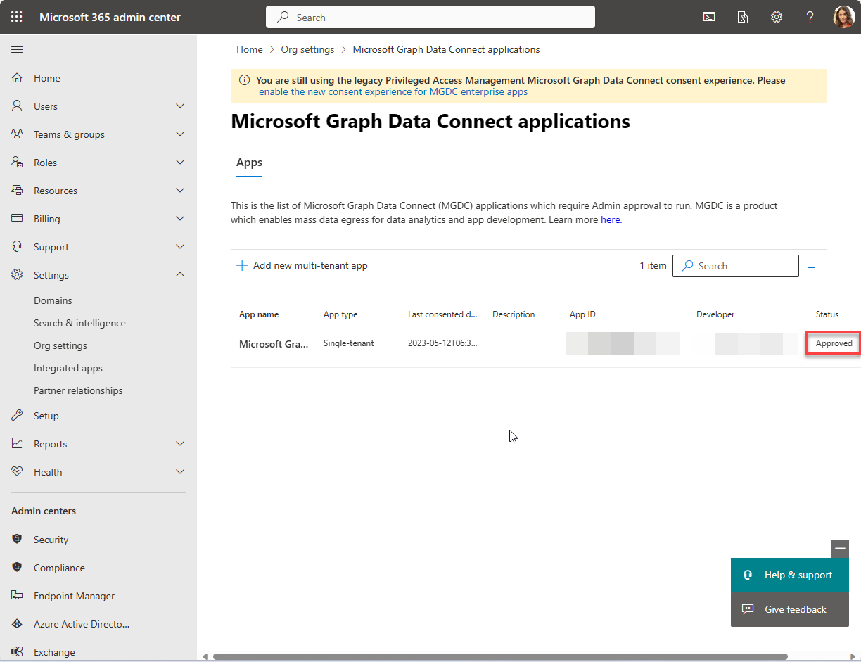 Снимок экрана: утвержденное приложение на целевой странице портала приложений Microsoft Graph Data Connect.