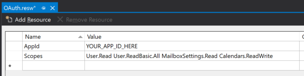 Снимок экрана файла OAuth.resw в Visual Studio редакторе