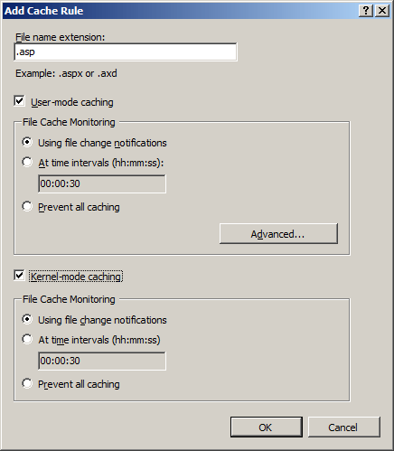 Снимок экрана: диалоговое окно добавления правила кэша. Проверяются кэширование в пользовательском режиме и кэширование в режиме ядра.
