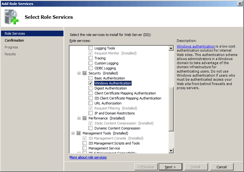 Снимок экрана: мастер добавления служб ролей с выбранным и выделенным параметром проверки подлинности Windows.