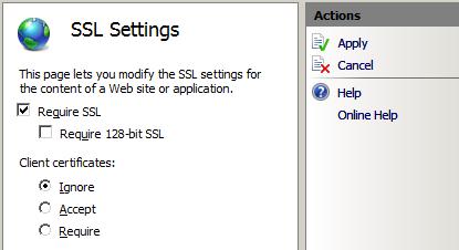Снимок экрана: область параметров SSL, для которой требуется SSL и игнорируются сертификаты клиента.
