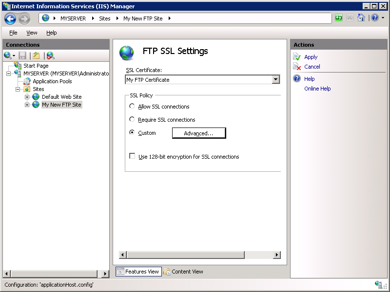 Снимок экрана, на котором показана область параметров параметров F T PS S L. Применить и отменить отображаются в области Действия.