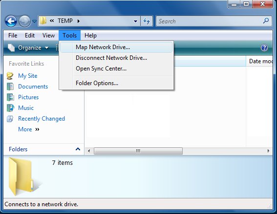 Снимок экрана: папка TEMP, открытая в Windows Обозреватель с выбранным параметром Map Network Drive из раскрывающегося списка 