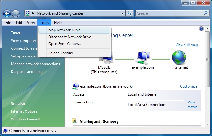 Изображение Центра управления сетями и общим доступом в Windows панель управления с выбранным в раскрывающемся списке Сервис картой сетевого диска.