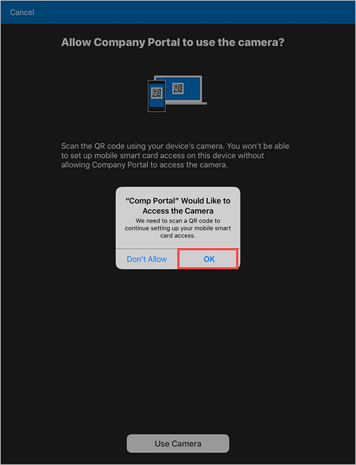 Пример снимка экрана: запрос Корпоративный портал с запросом разрешения на разрешение доступа к камере.