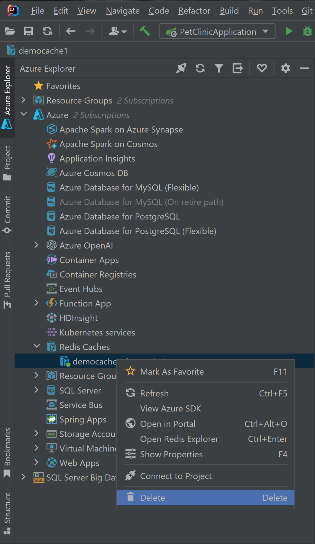 Azure Explorer context menu to delete a Redis cache