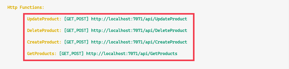 Снимок экрана: встроенный терминал Visual Studio Code с показанными URL-адресами функций.