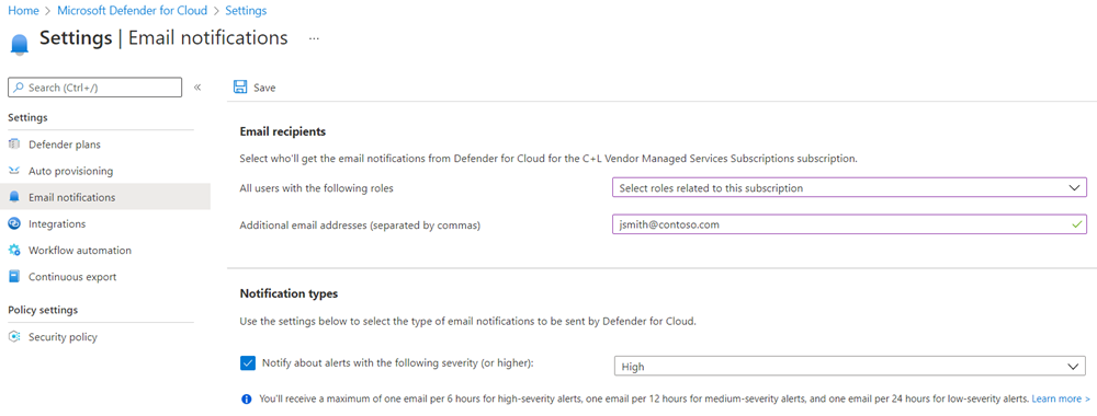 Screenshot that shows the email notifications settings pane for Microsoft Defender for Cloud.