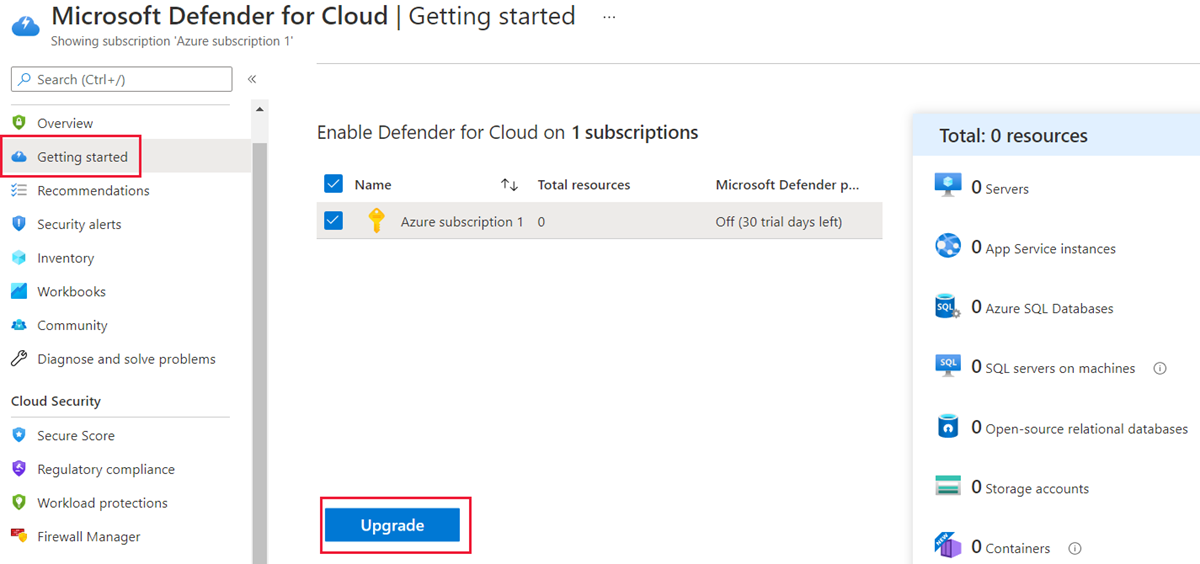 Screenshot that shows the getting started with Microsoft Defender for Cloud pane.