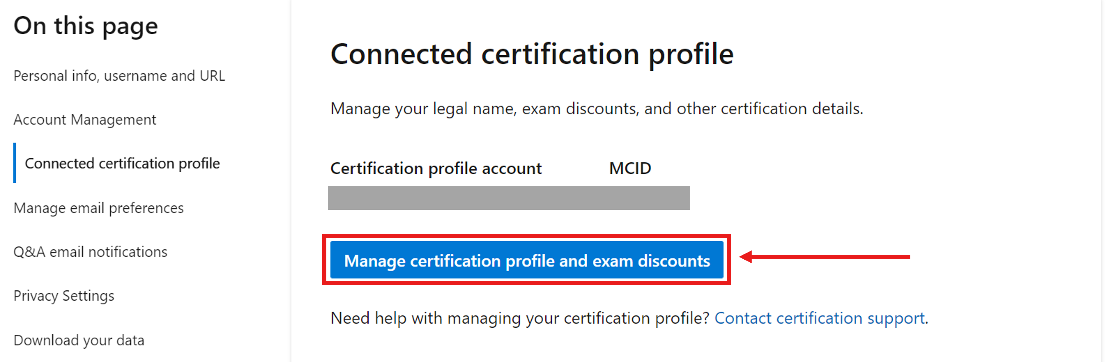 Снимок экрана: раздел профиля сертификации Подключение в параметрах профиля Microsoft Learn.