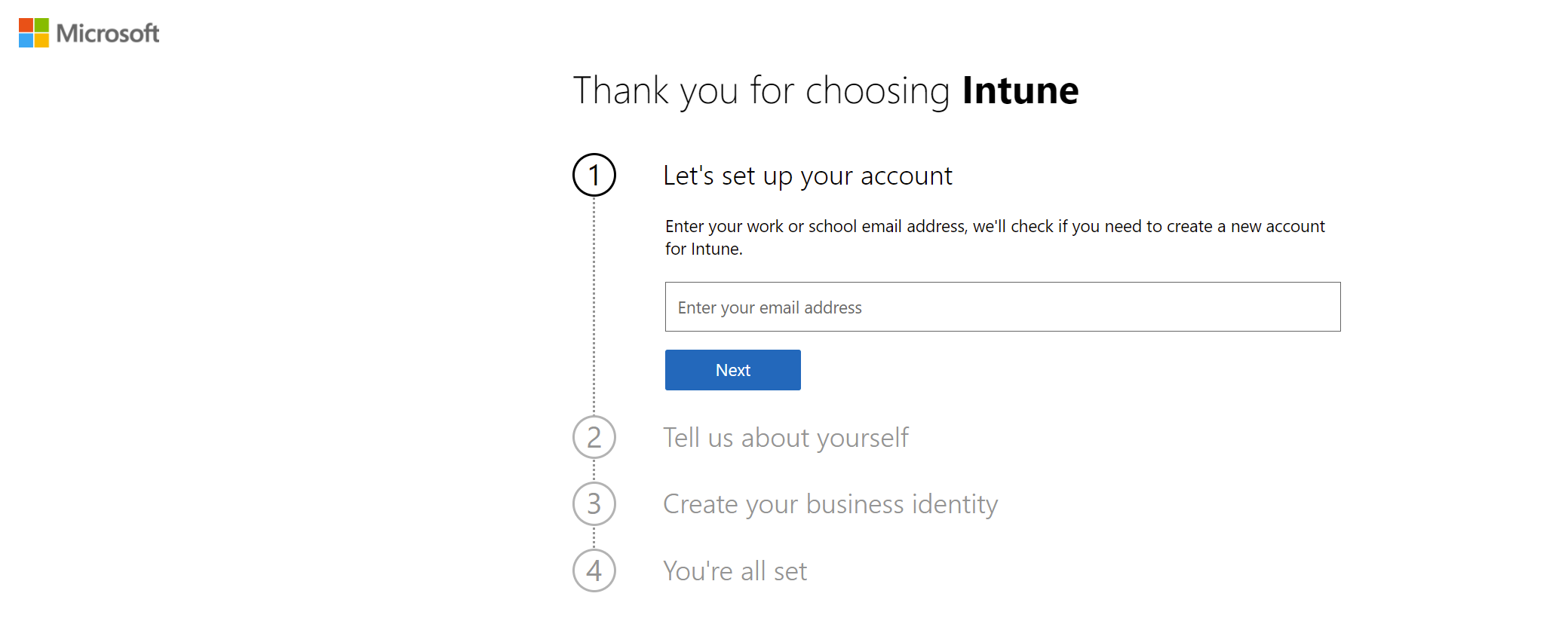 Снимок экрана: веб-страница регистрации Microsoft Intune пробной учетной записи.