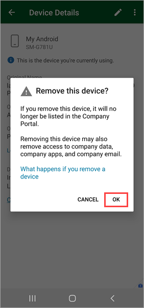 Снимок экрана Корпоративный портал, "Удалить это устройство?" подтверждение, выделение параметра "OK".
