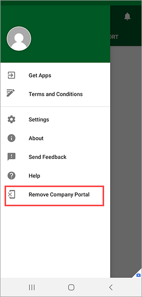 Снимок экрана Корпоративный портал приложения с выделением параметра "Удалить Корпоративный портал" в меню.