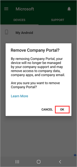 Снимок экрана Корпоративный портал"Удаление Корпоративный портал?" подтверждение, выделение параметра "ОК".