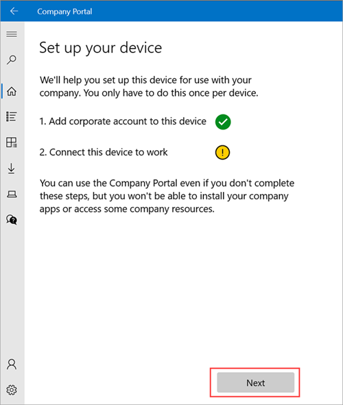 Пример изображения Корпоративный портал > Экран настройки устройства, показывающий, что устройство должно быть настроено, чтобы подключиться к работе, и выделение кнопки Далее.