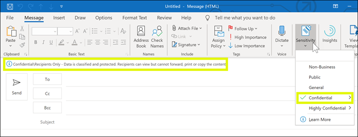 Метка конфиденциальности, примененная к сообщению в Outlook.